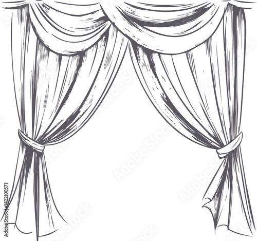 Elegant sketch of theatrical curtains drawn open in black and white illustration. Vector illustration
