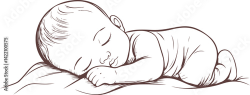 Outline of a sleeping baby on pillow in peaceful brown tones, digital sketch. Vector illustration