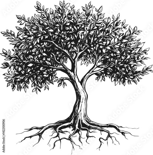 Intricate black and white illustration of a tree with exposed roots, nature concept. Vector illustration