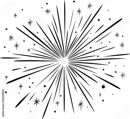 Black and white starburst design with radiating lines. Vector illustration
