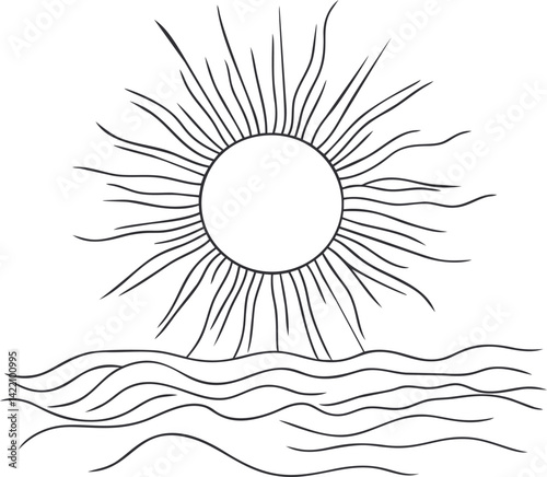 Line art of a sun with rays above ocean waves, black and white illustration. Vector illustration