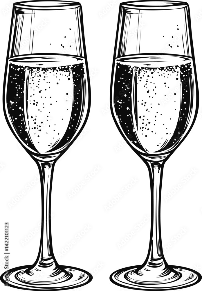 Fototapeta premium Illustration of two champagne glasses with bubbles, black and white art. Vector illustration