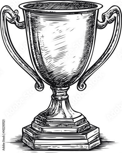 Black and white sketch of a classic trophy cup with intricate details. Vector illustration