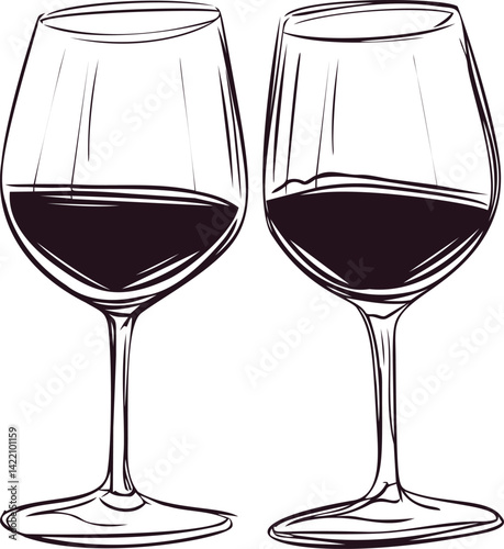 Two wine glasses filled with red wine, artistic sketch style illustration. Vector illustration