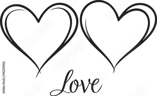 Two intertwined black heart outlines with love text in calligraphy style. Vector illustration