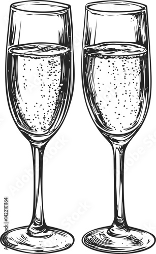Two champagne glasses with bubbles in black and white, engravable style. Vector illustration