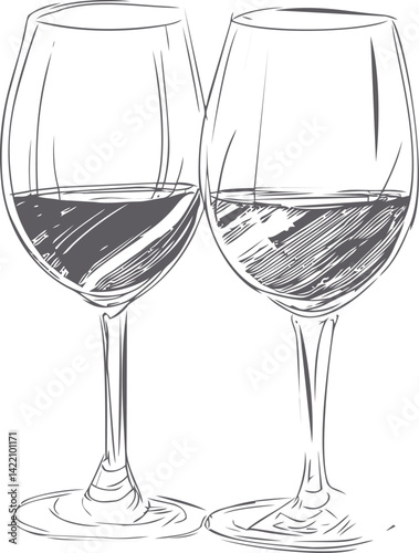 Sketch of two wine glasses with red wine, artistic drawing. Vector illustration
