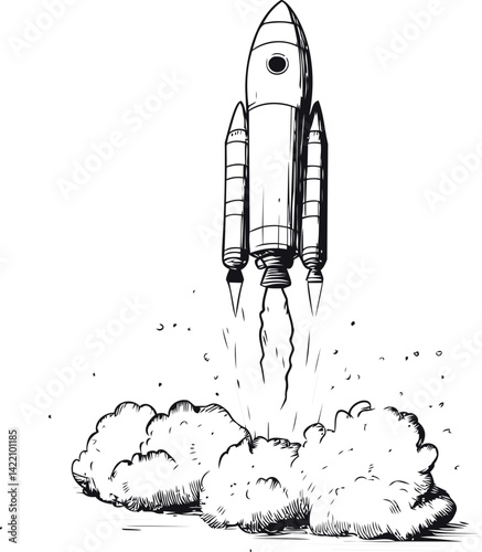 Rocket launching with smoke and flames, black and white line art illustration. Vector illustration