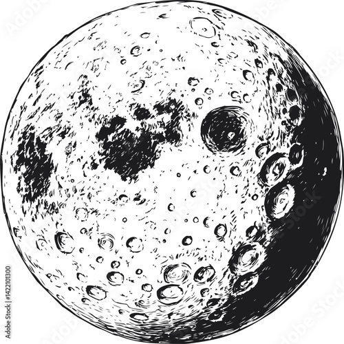 Detailed black and white illustration of the moon showing craters and texture. Vector illustration