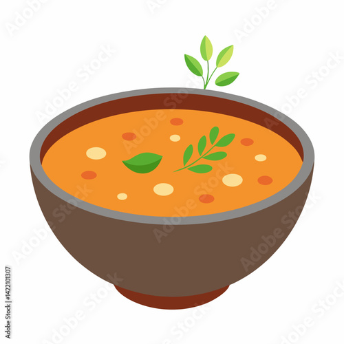 Rustic Bowl of Lentil Soup with Fresh Herbs Illustration on White Background