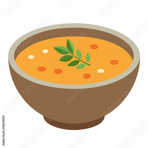 Rustic Bowl of Lentil Soup with Fresh Herbs Illustration on White Background