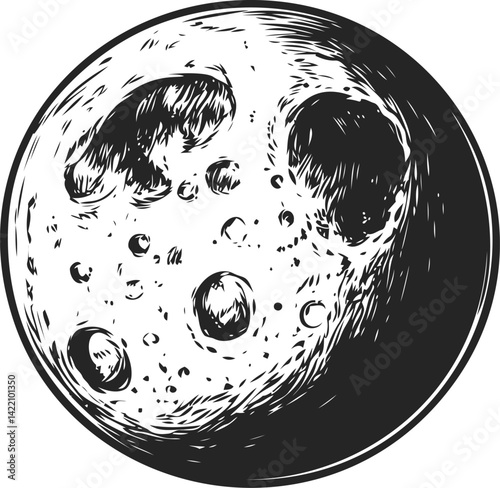 Black and white sketch of the moon with craters and shadows, space illustration. Vector illustration