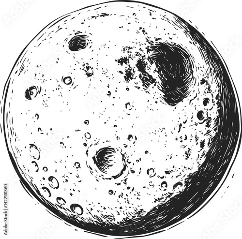 Black and white sketch of the moon with craters and shadow details, artistic illustration. Vector illustration