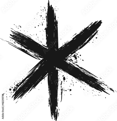 Abstract black paintbrush asterisk, ink splatter art. Vector illustration