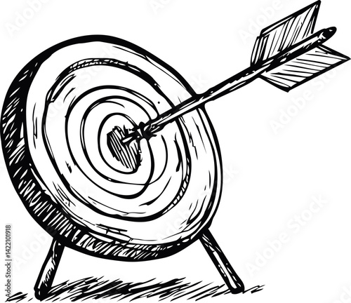 Sketch of an archery target with arrow hitting bullseye in black and white style. Vector illustration