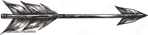 Vintage black and white sketch of an arrow with feather fletching vector art. Vector illustration