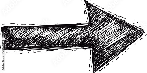 Scribbled black arrow pointing right, hand-drawn illustration. Vector illustration