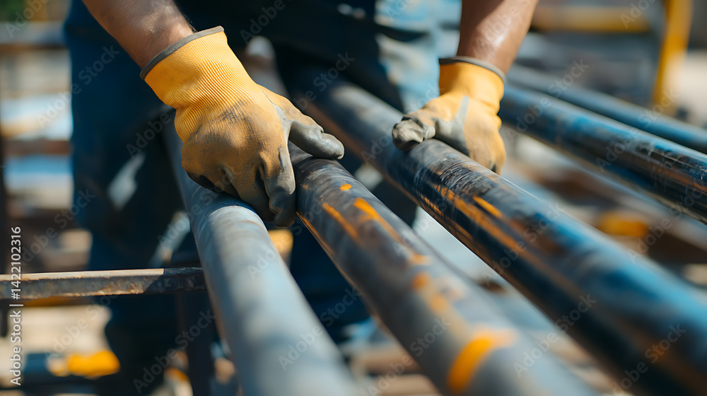 Worker Handling Industrial Pipes Worker Handling Industrial Pipes