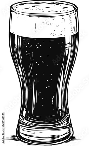 Sketch of a beer glass filled with dark beer, vintage style. Vector illustration