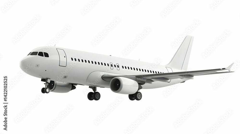 White Passenger Airplane in Flight Against White Background White Passenger Airplane in Flight Against White Background