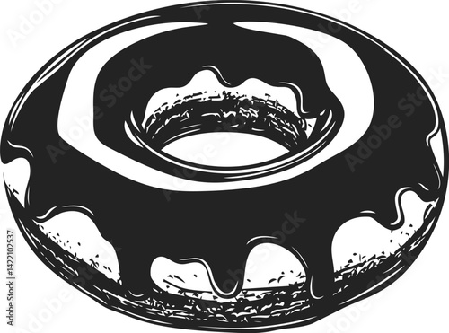 Black and white illustration of a donut with shiny glaze, vector art. Vector illustration