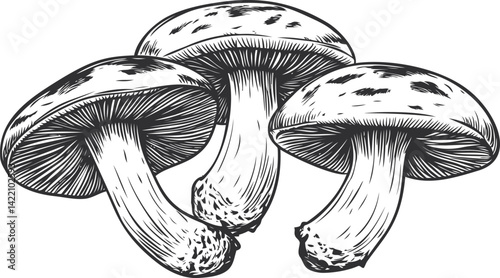 Black and white illustration of three mushrooms with detailed texture. Vector illustration