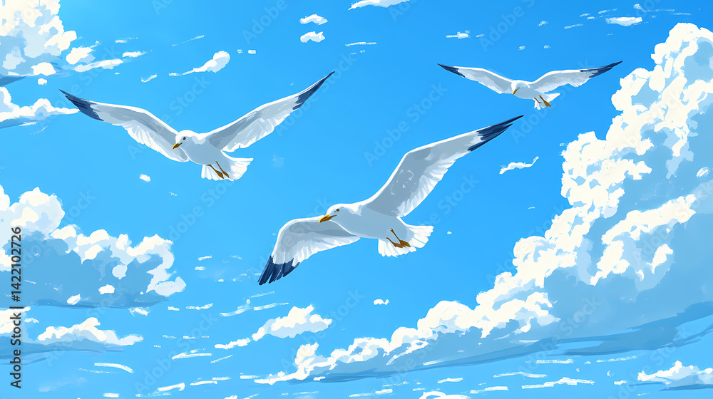 Seagulls soaring in a clear blue sky. Warp-Spun Strands. Illustration