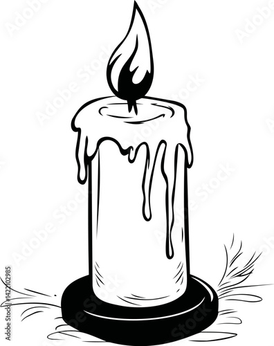 Black and white illustration of a melting candle with a flame on a holder. Vector illustration