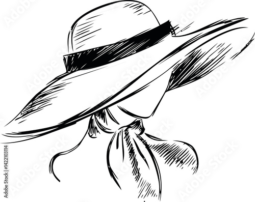Elegant line art of a woman with a wide-brimmed hat and scarf, fashion sketch. Vector illustration