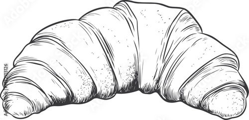 Detailed black and white sketch of a flaky croissant, perfect for a bakery poster. Vector illustration