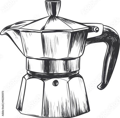 Hand-drawn illustration of a moka pot with detailed line art style. Vector illustration