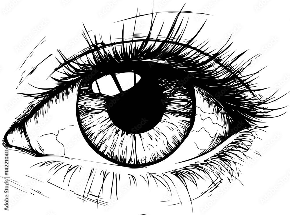 Obraz premium Detailed black and white sketch of a human eye with reflection. Vector illustration