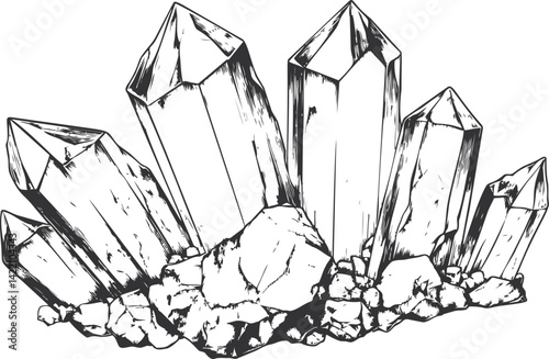 Black and white illustration of large quartz crystals in natural cluster. Vector illustration
