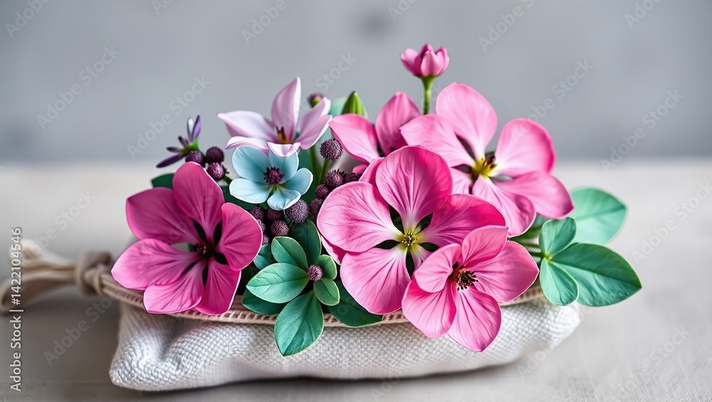 Fototapeta premium Springtime Blooms: Pink Hepatica and Teal Lampranthus on Fabric Pouch