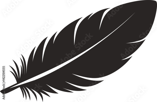Silhouette of a large feather with detailed barbs. Vector illustration
