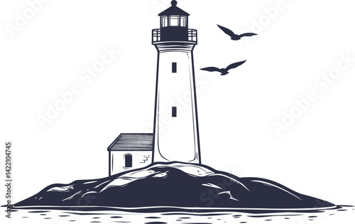 Minimalist lighthouse on rocky island with flying seagulls illustration. Vector illustration