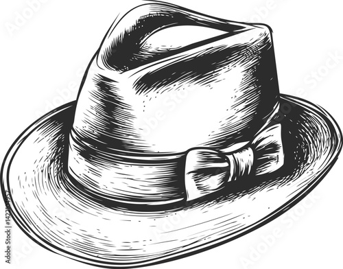 Vintage styled black and white fedora hat with a bow tie illustration. Vector illustration