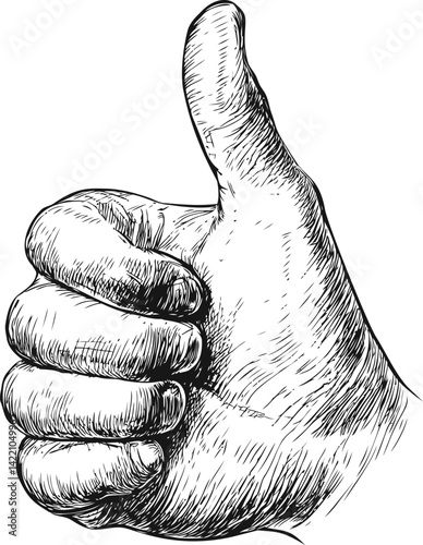 Realistic black and white sketch of a hand showing a thumbs up gesture. Vector illustration
