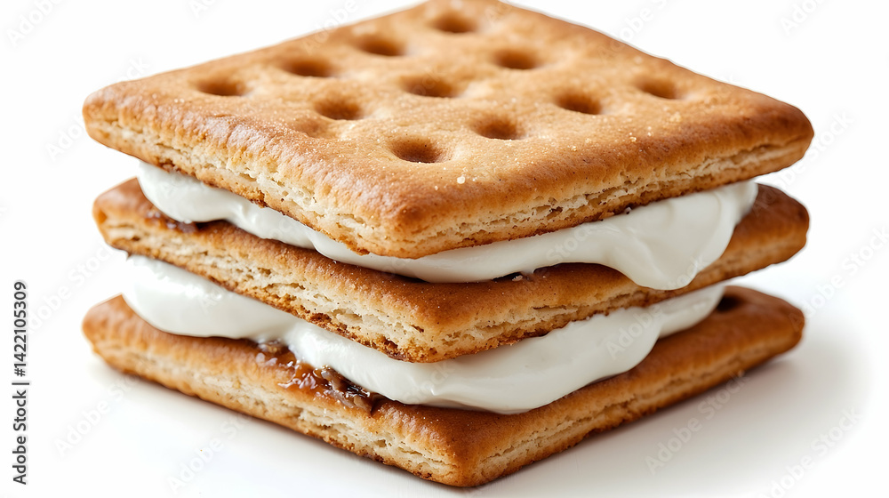 Close-up of Three Graham Crackers Layered with Creamy Filling on White Background Close-up of Three Graham Crackers Layered with Creamy Filling on White Background