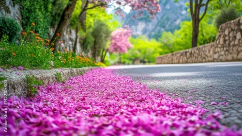 A springtime road lined with vibrant pink petals. photo