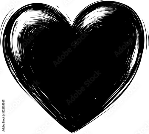 Black heart illustration with white highlights, bold grunge art design. Vector illustration