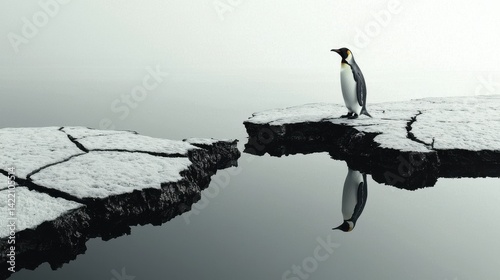Standing Emperor Penguin Stares across Snowy Abyss Environmental Challenge Antarctic Exploration