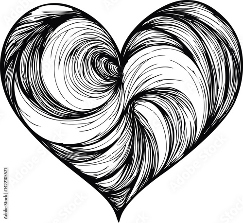 Intricate black and white swirling heart art design. Vector illustration