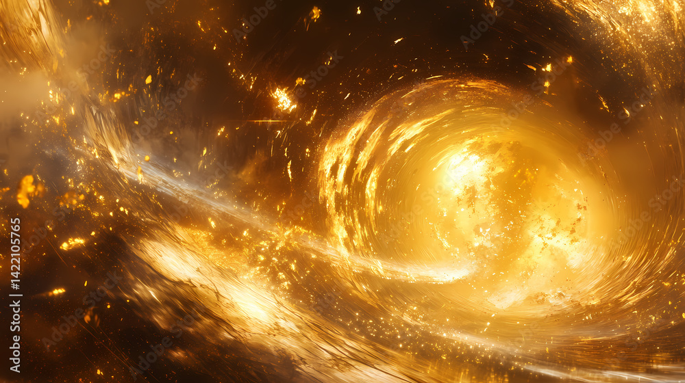Golden light beams exploding into a tunnel, symbolizing speed, energy, motion, and transformation. Gilded Warp. Illustration