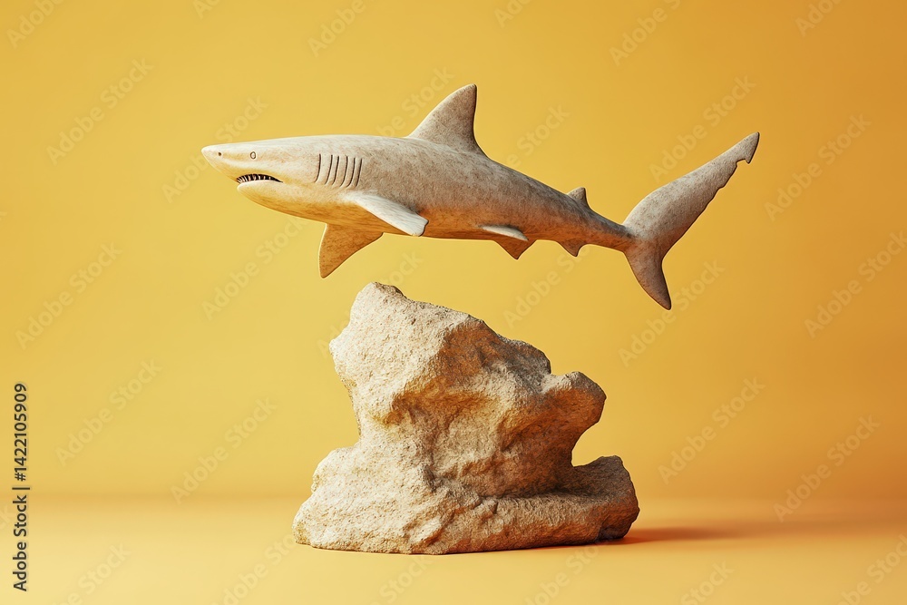 Naklejka premium Light beige shark perched atop a beige rock formation.