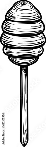 Black and white illustration of a honey dipper with detailed line art design. Vector illustration