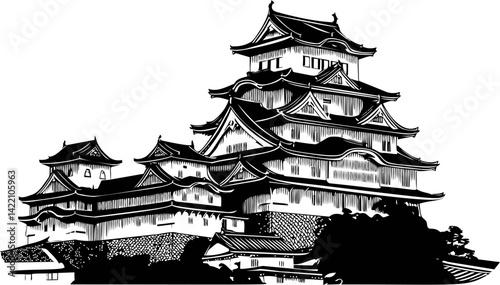 Traditional japanese castle with intricate roof design in black and white art. Vector illustration