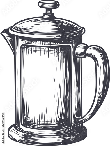 Hand-drawn vintage French press coffee maker with detailed illustration. Vector illustration