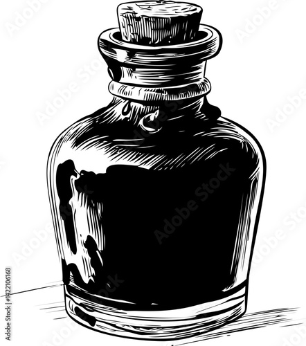 Detailed black and white illustration of a vintage potion bottle sketch. Vector illustration