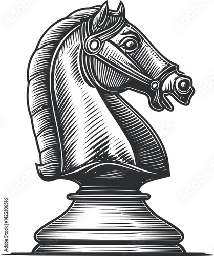 Intricate black and white knight chess piece illustration with vintage style. Vector illustration